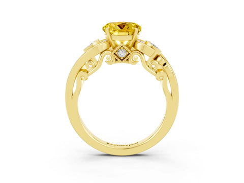 Yellow gold Round Cut Yellow Sapphire Solitaire Ring with Milgrain Pavé Band and Four-Prong Setting_27