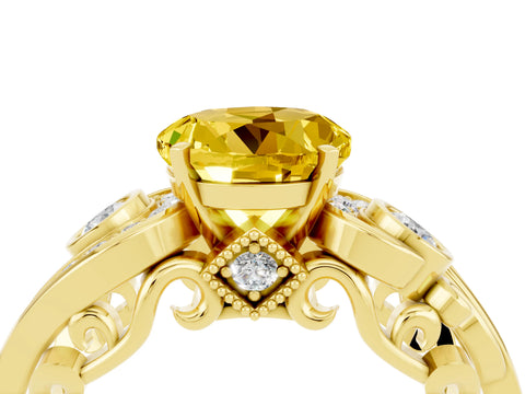 Yellow gold Round Cut Yellow Sapphire Solitaire Ring with Milgrain Pavé Band and Four-Prong Setting_28