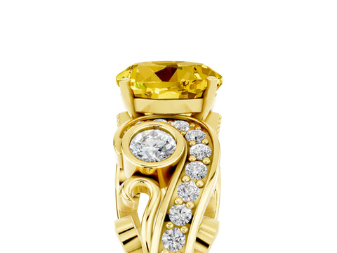 Yellow gold Round Cut Yellow Sapphire Solitaire Ring with Milgrain Pavé Band and Four-Prong Setting_29