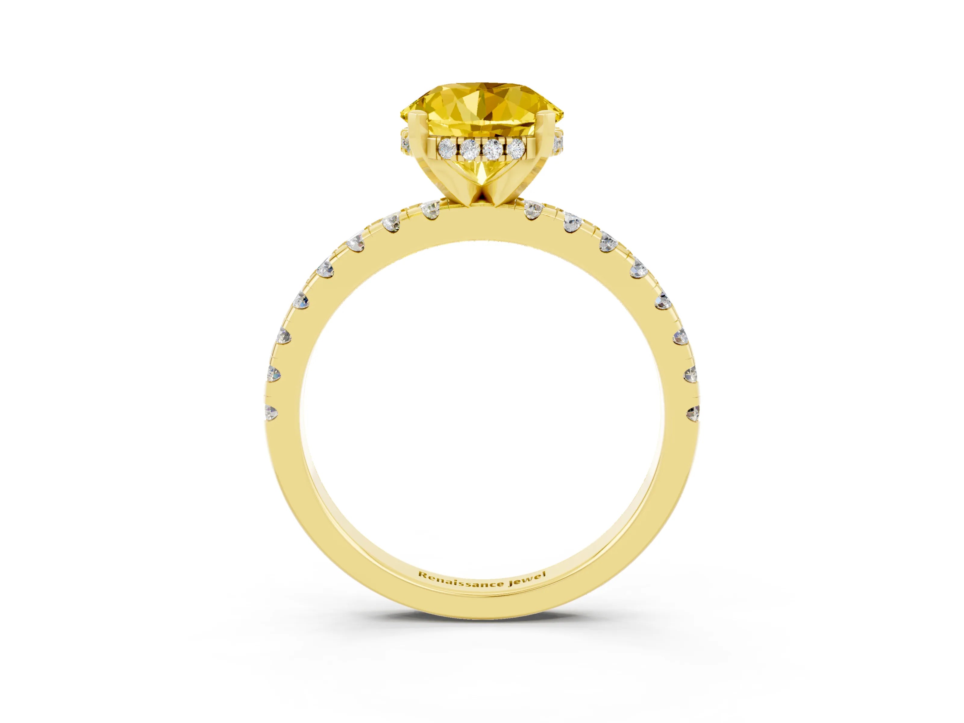 Yellow gold Round Cut Yellow Sapphire Solitaire Ring with Pavé Band and Four-Prong Setting_63