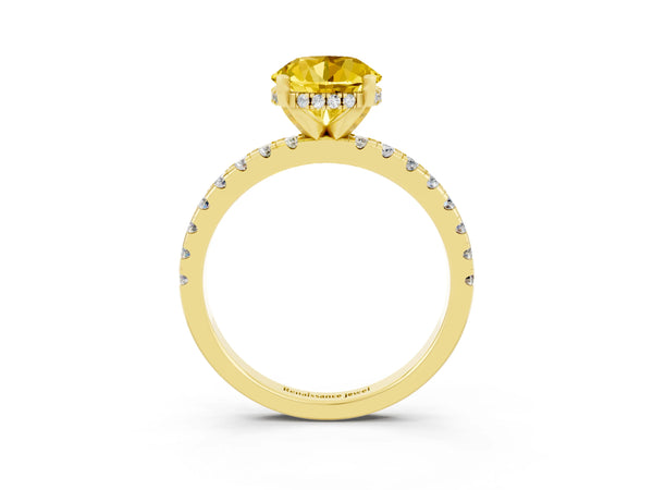 Yellow gold Round Cut Yellow Sapphire Solitaire Ring with Round  Pavé Band and Four-Prong Setting
