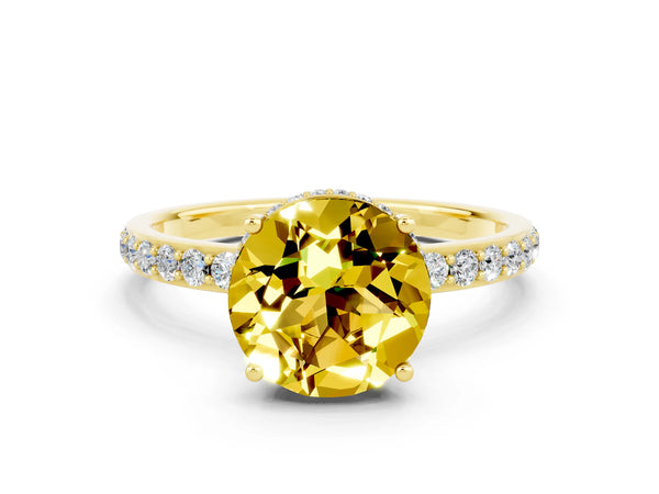 Yellow gold Round Cut Yellow Sapphire Solitaire Ring with Pavé Band and Hidden Halo