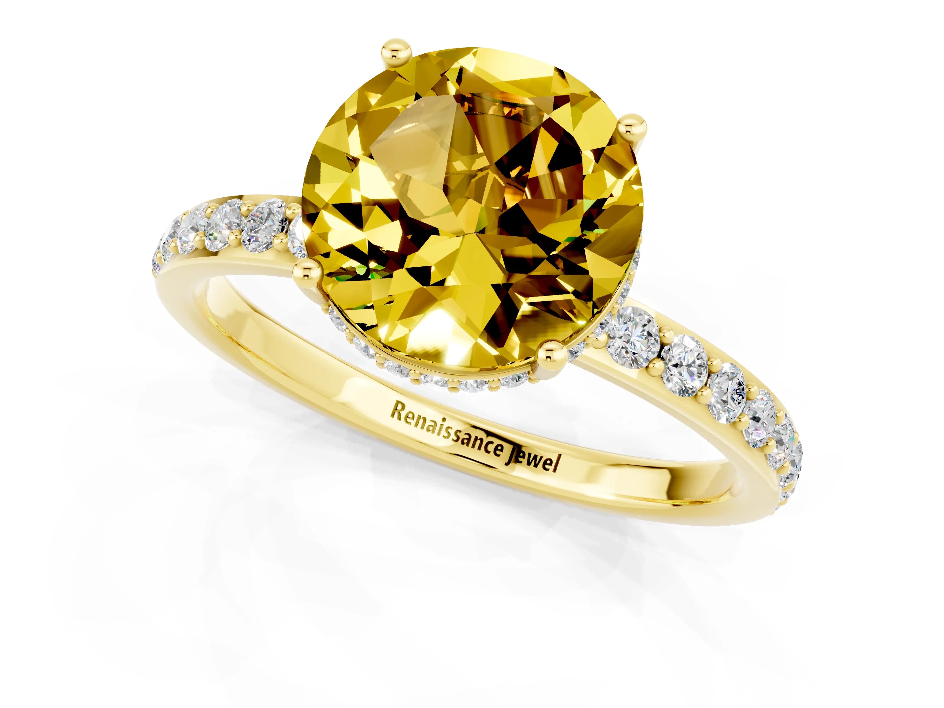 Yellow gold Round Cut Yellow Sapphire Solitaire Ring with Pavé Band and Hidden Halo_13