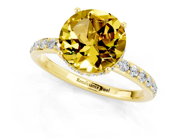 Yellow gold Round Cut Yellow Sapphire Solitaire Ring with Pavé Band and Hidden Halo