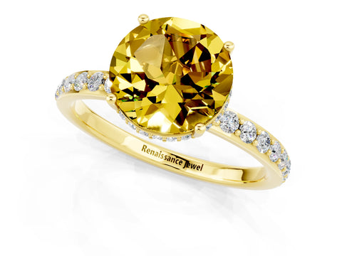 Yellow gold Round Cut Yellow Sapphire Solitaire Ring with Pavé Band and Hidden Halo_13
