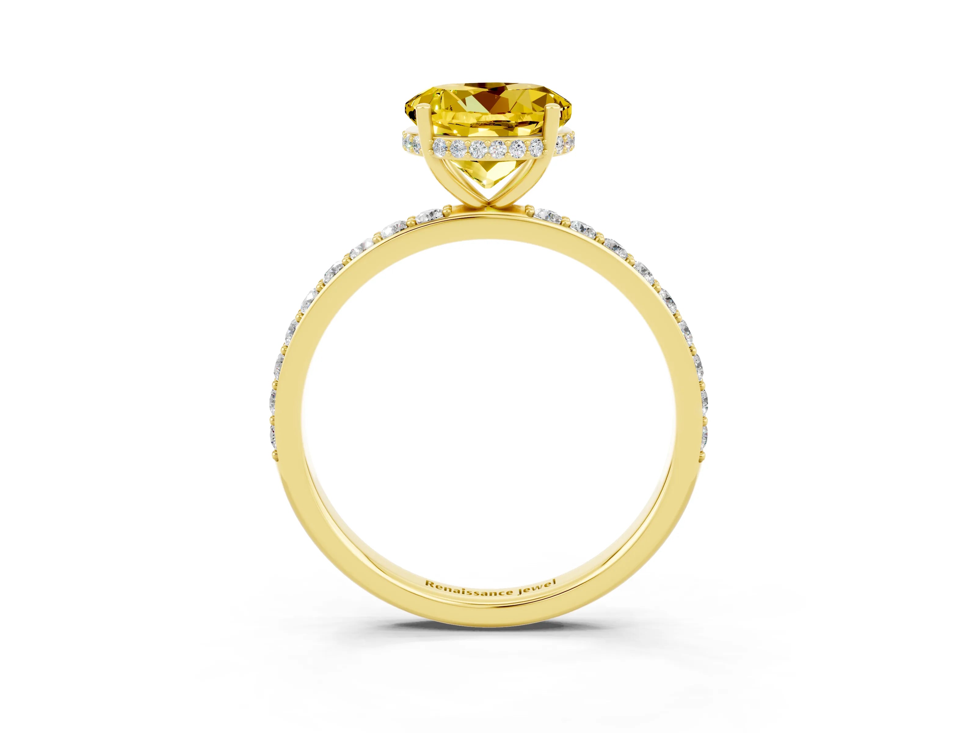 Yellow gold Round Cut Yellow Sapphire Solitaire Ring with Pavé Band and Hidden Halo_15