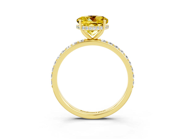 Yellow gold Round Cut Yellow Sapphire Solitaire Ring with Pavé Band and Hidden Halo