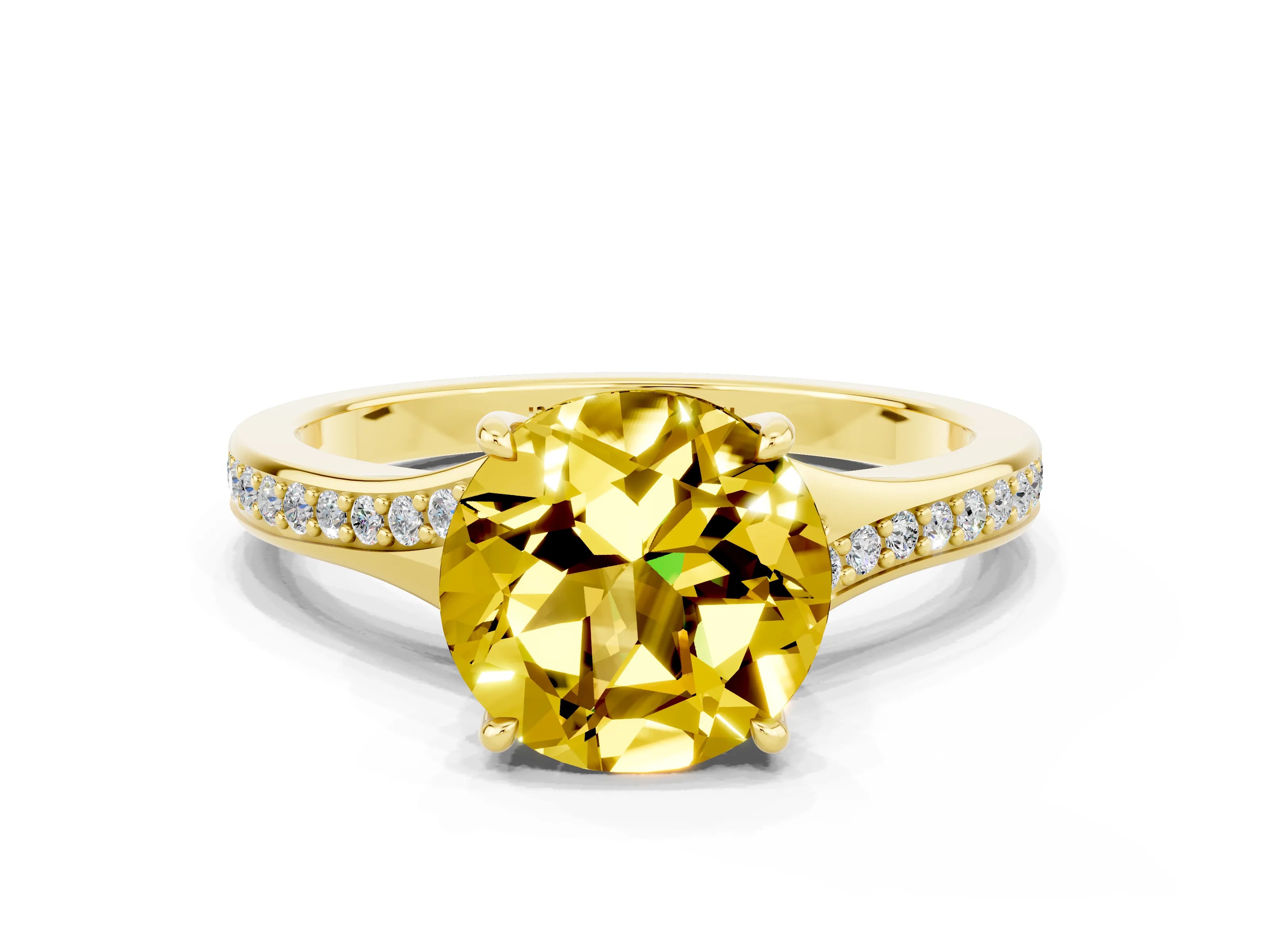 Yellow gold Round Cut Yellow Sapphire Solitaire Ring with Pavé Band and Prong Setting