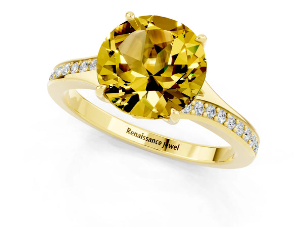 Yellow gold Round Cut Yellow Sapphire Solitaire Ring with Pavé Band and Prong Setting