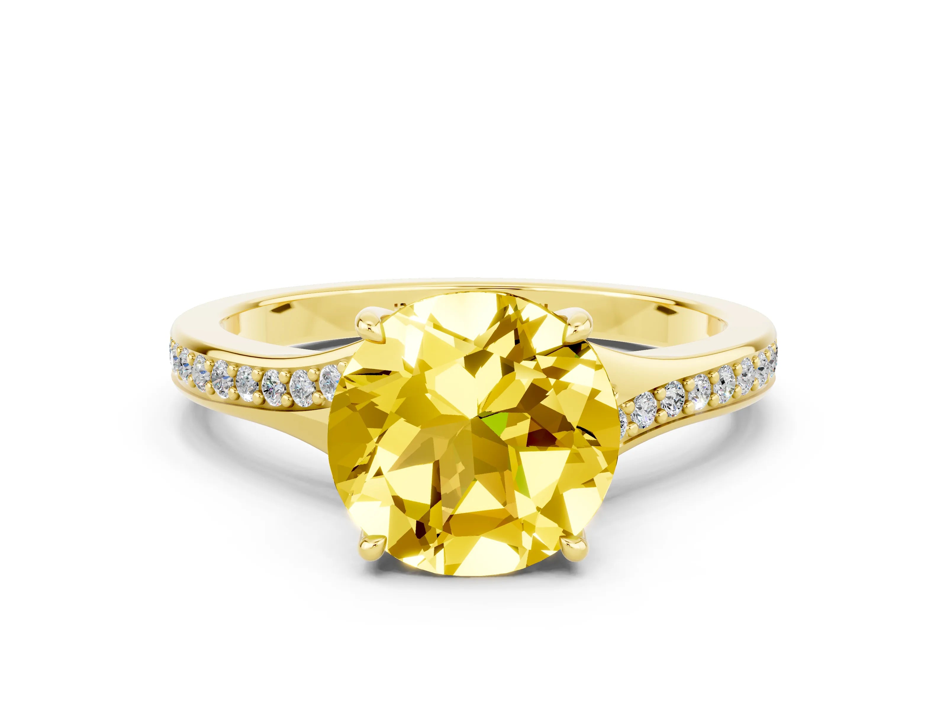 Yellow gold Round Cut Yellow Sapphire Solitaire Ring with Pavé Band and Prong Setting_12