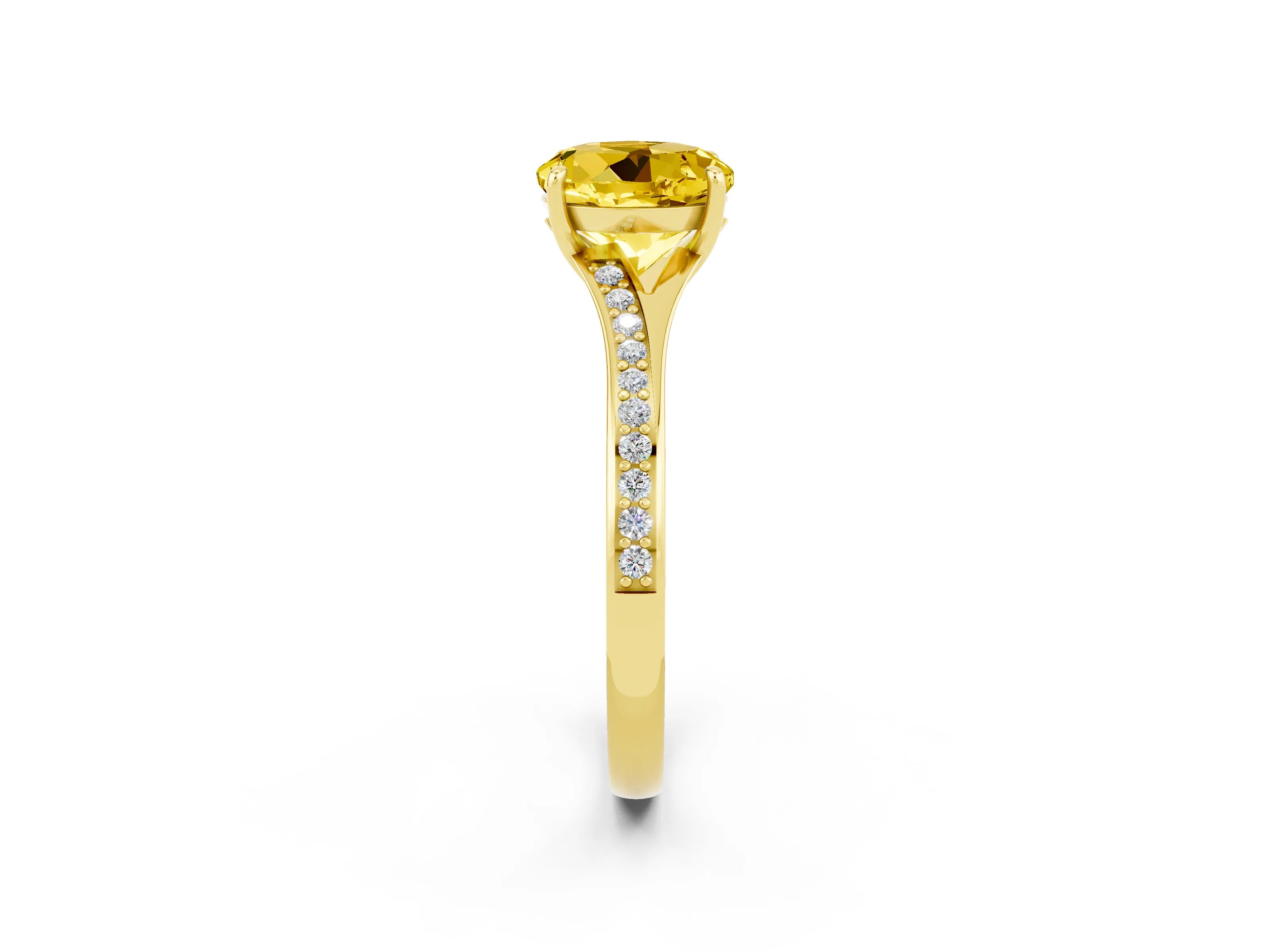 Yellow gold Round Cut Yellow Sapphire Solitaire Ring with Pavé Band and Prong Setting_14