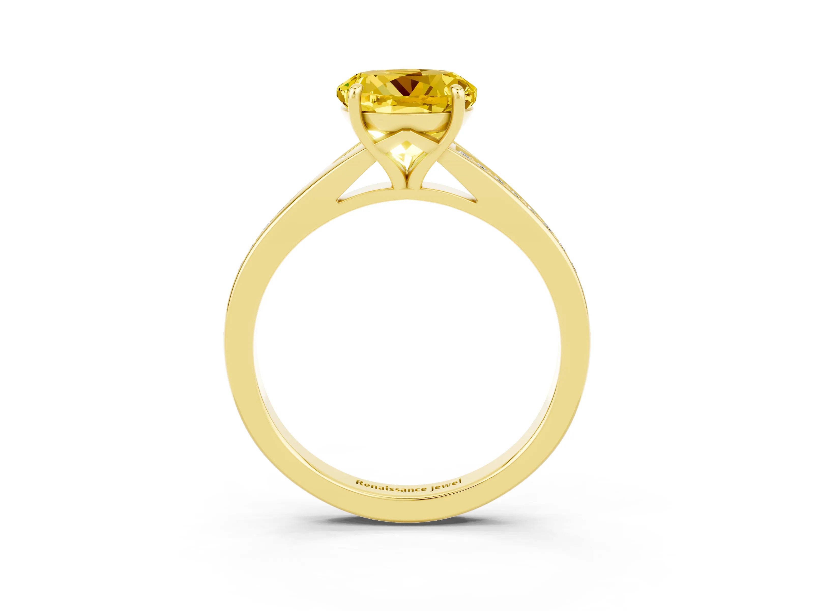 Yellow gold Round Cut Yellow Sapphire Solitaire Ring with Pavé Band and Prong Setting_15