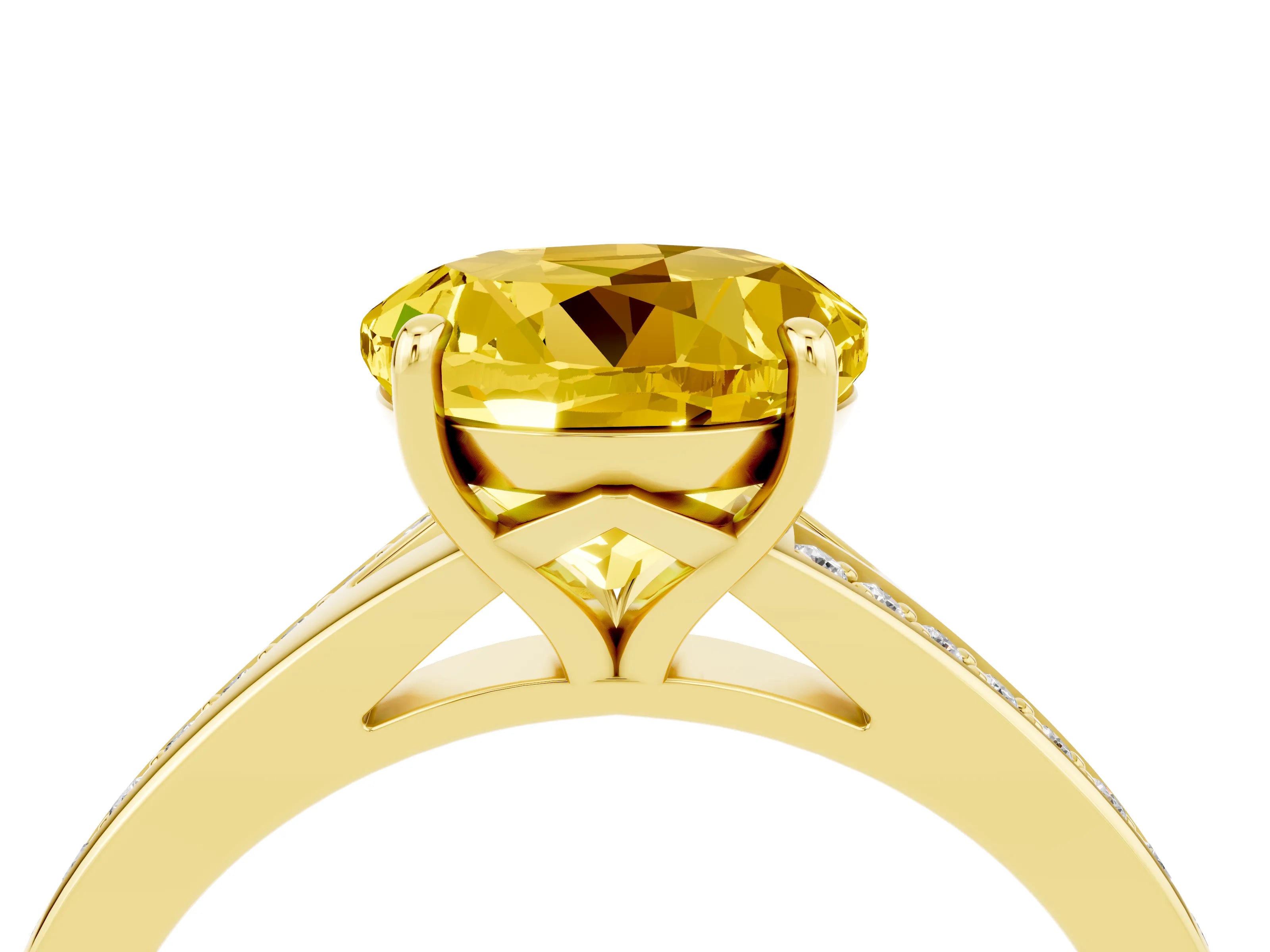 Yellow gold Round Cut Yellow Sapphire Solitaire Ring with Pavé Band and Prong Setting_16