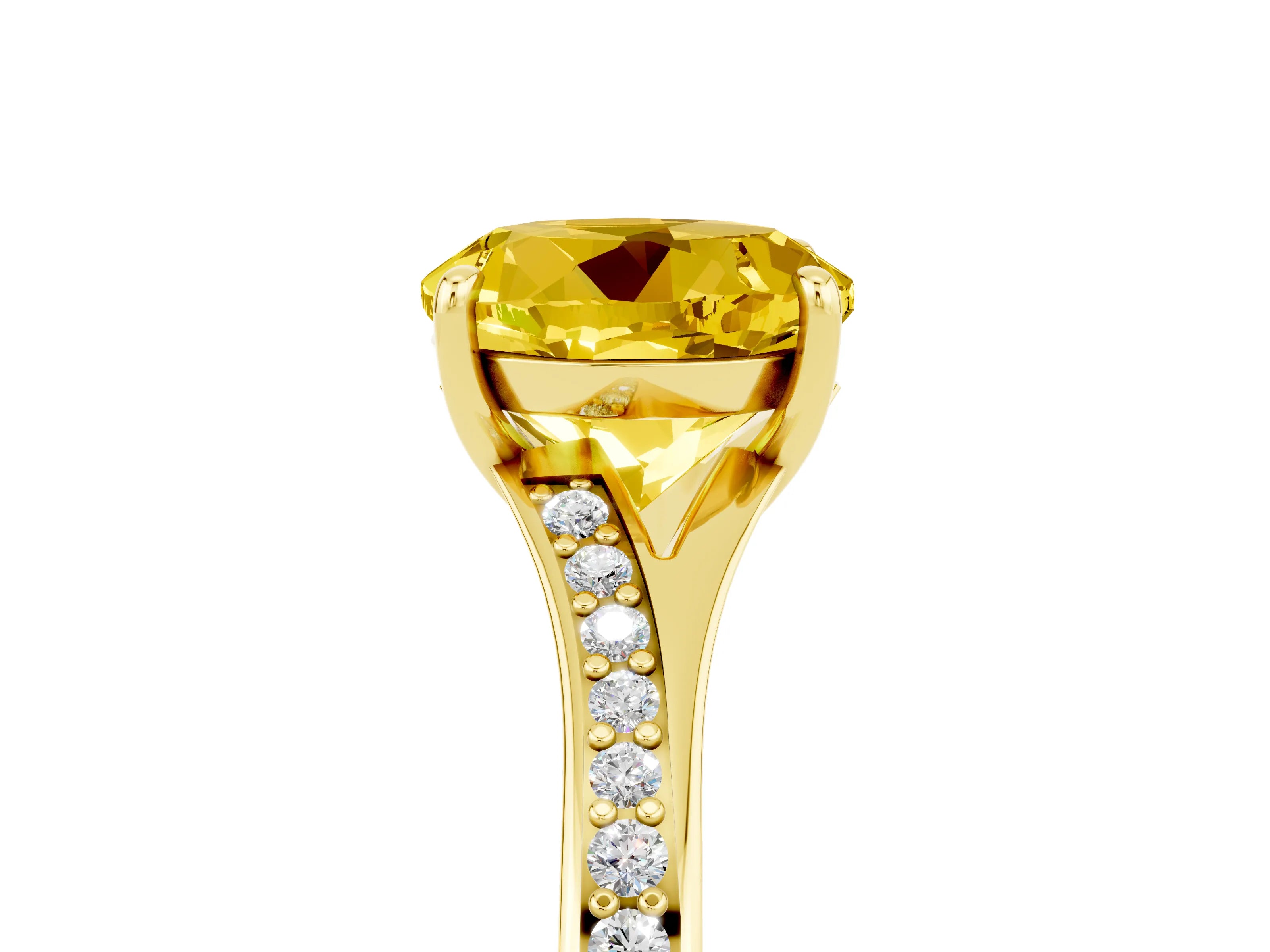 Yellow gold Round Cut Yellow Sapphire Solitaire Ring with Pavé Band and Prong Setting_17