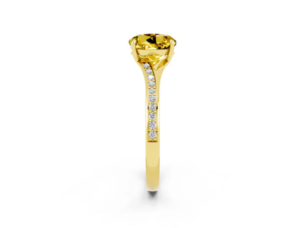 Yellow gold Round Cut Yellow Sapphire Solitaire Ring with Pavé Band and Prong Setting