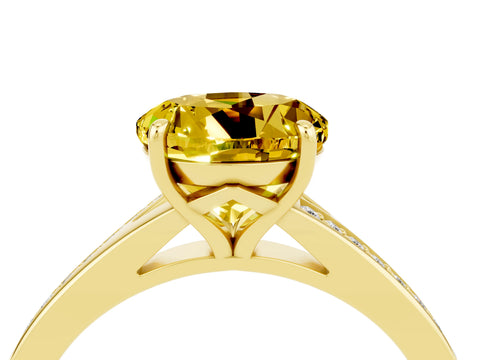 Yellow gold Round Cut Yellow Sapphire Solitaire Ring with Pavé Band and Prong Setting_4