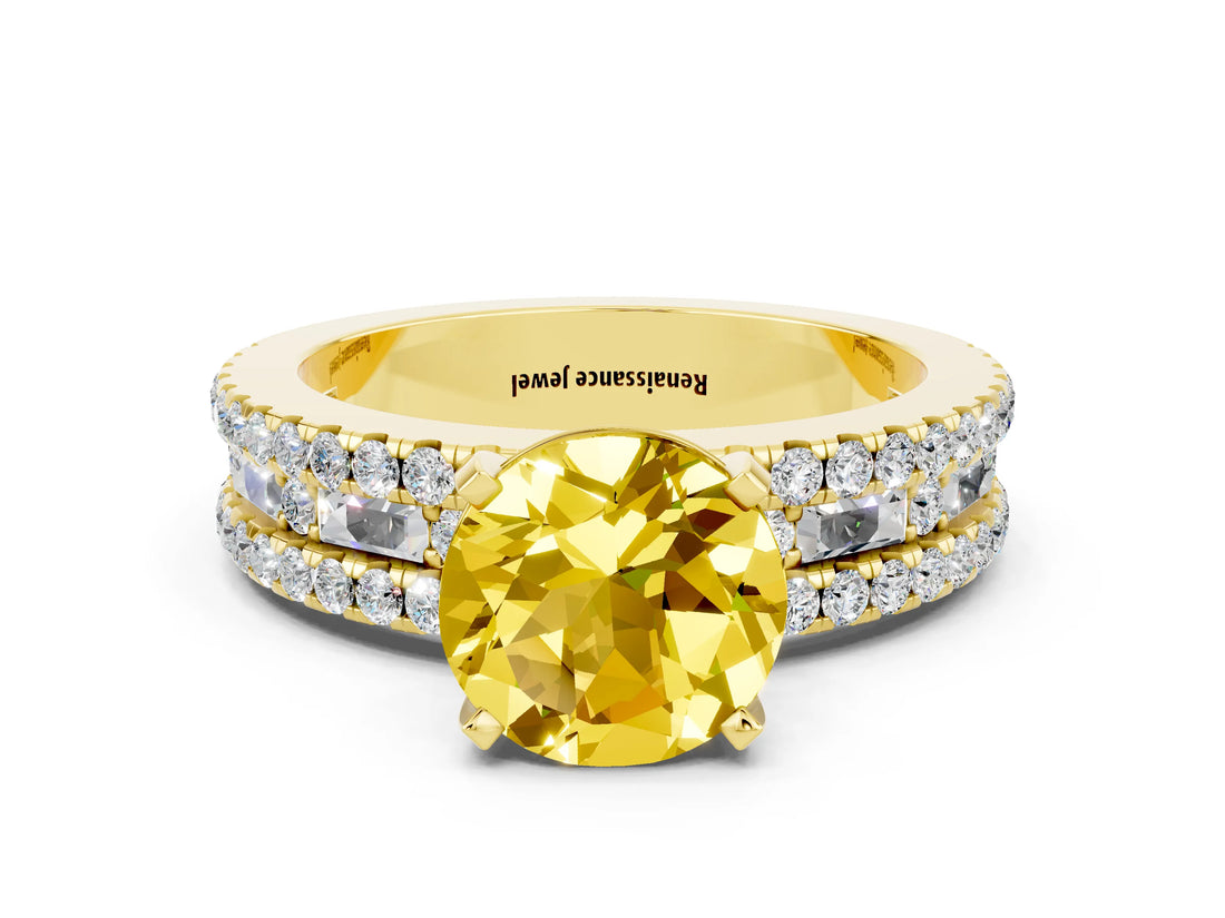 Yellow gold Round Cut Yellow Sapphire Solitaire Ring with Pavé and Channel Set Band_24