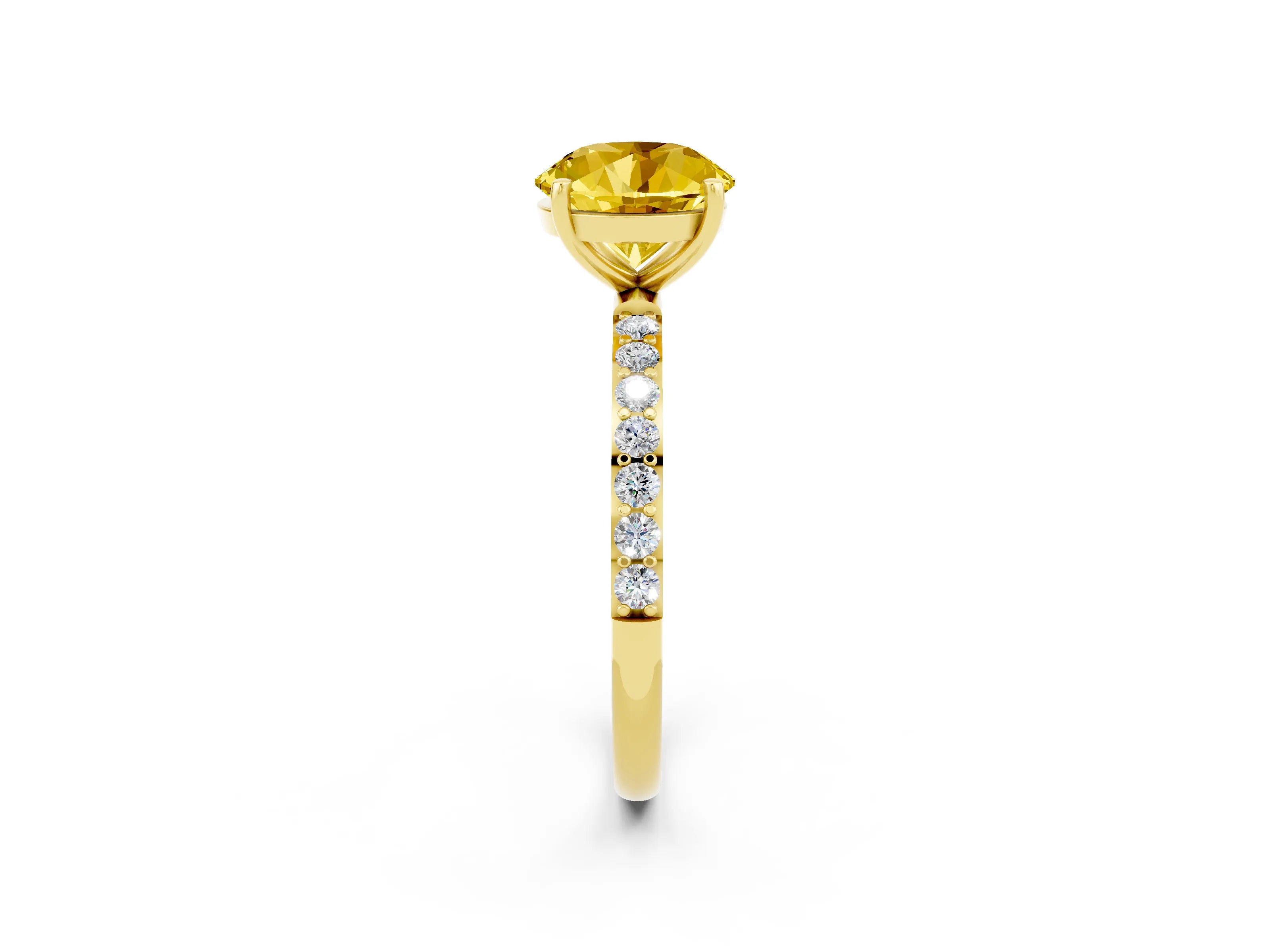 Yellow gold Round Cut Yellow Sapphire Solitaire Ring with Pave Band and Four Prong Setting_14