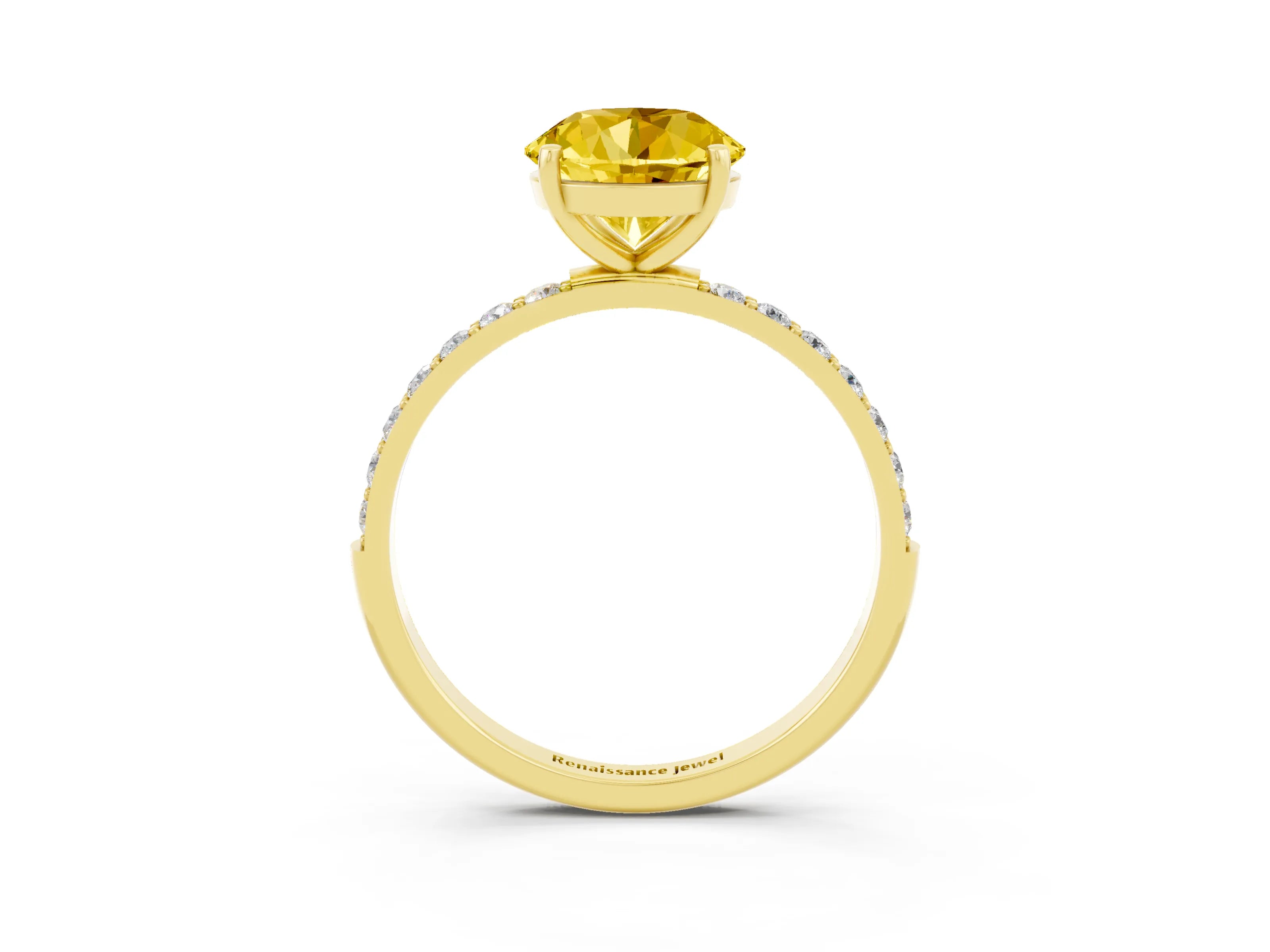 Yellow gold Round Cut Yellow Sapphire Solitaire Ring with Pave Band and Four Prong Setting_15