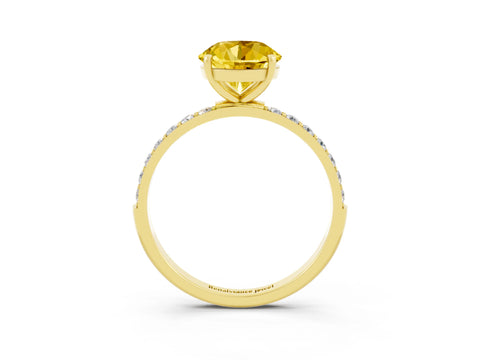 Yellow gold Round Cut Yellow Sapphire Solitaire Ring with Pave Band and Four Prong Setting_15