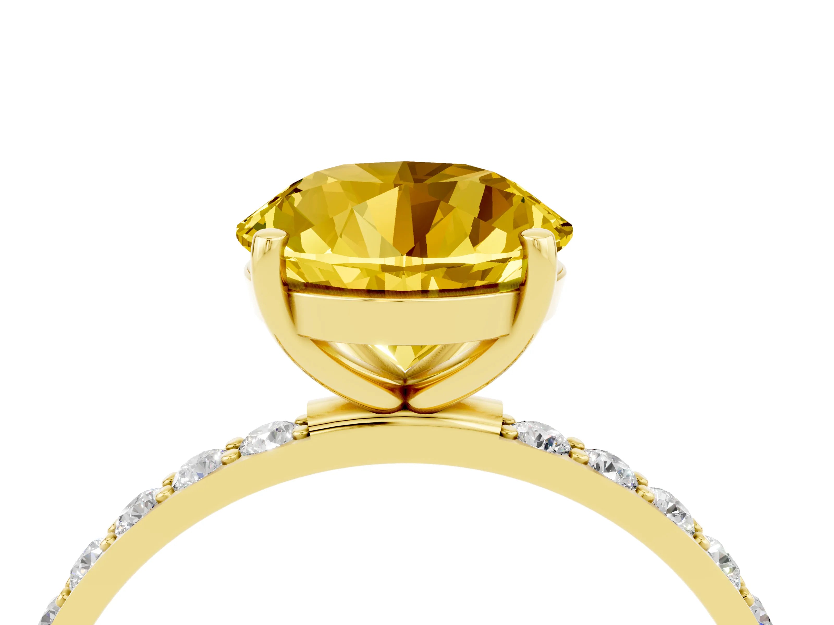 Yellow gold Round Cut Yellow Sapphire Solitaire Ring with Pave Band and Four Prong Setting_16