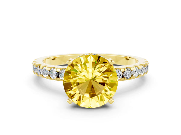Yellow gold Round Cut Yellow Sapphire Solitaire Ring with Round Pavé Band and Four-Prong Setting