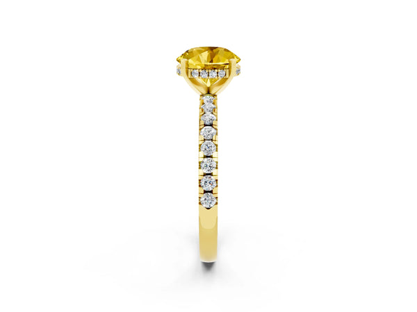Yellow gold Round Cut Yellow Sapphire Solitaire Ring with Round Pavé Band and Four-Prong Setting