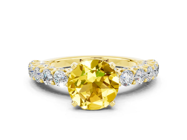 Yellow gold Round Cut Yellow Sapphire Solitaire Ring with Shared Prong Pavé Band and Four-Prong Setting
