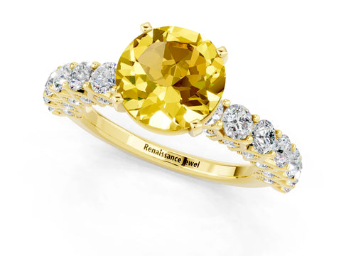 Yellow gold Round Cut Yellow Sapphire Solitaire Ring with Shared Prong Pavé Band and Four-Prong Setting_1