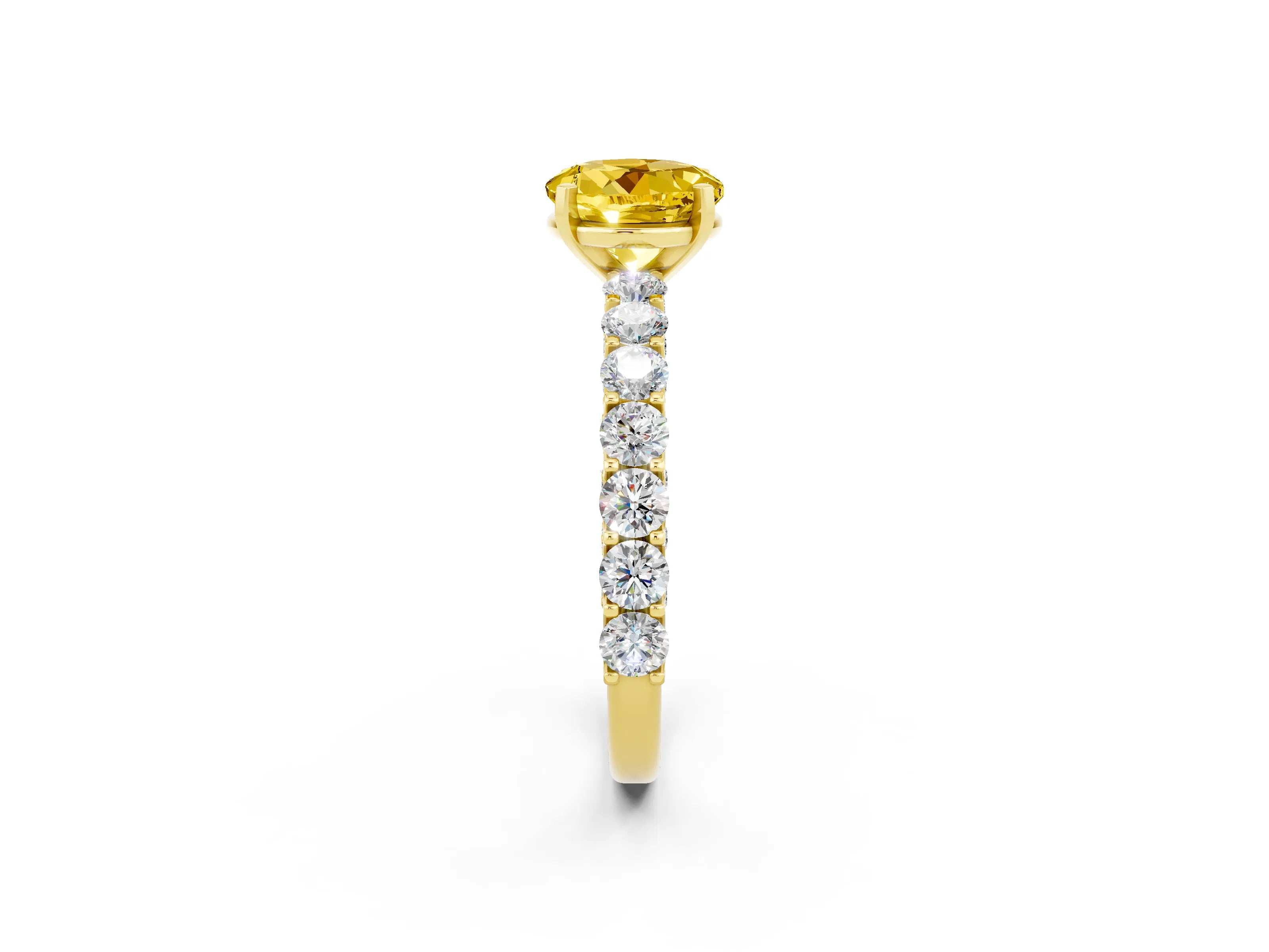 Yellow gold Round Cut Yellow Sapphire Solitaire Ring with Shared Prong Pavé Band and Four-Prong Setting_2