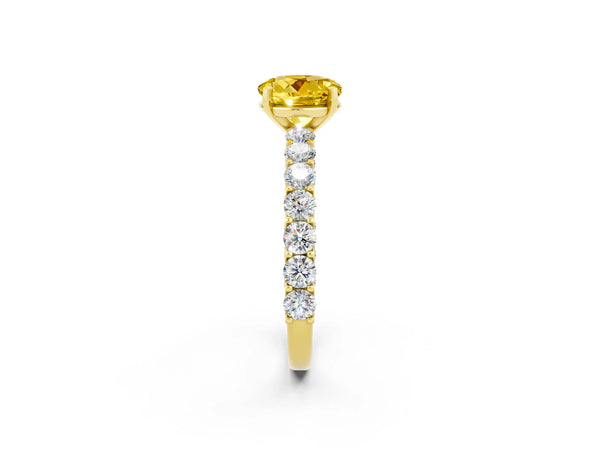 Yellow gold Round Cut Yellow Sapphire Solitaire Ring with Shared Prong Pavé Band and Four-Prong Setting