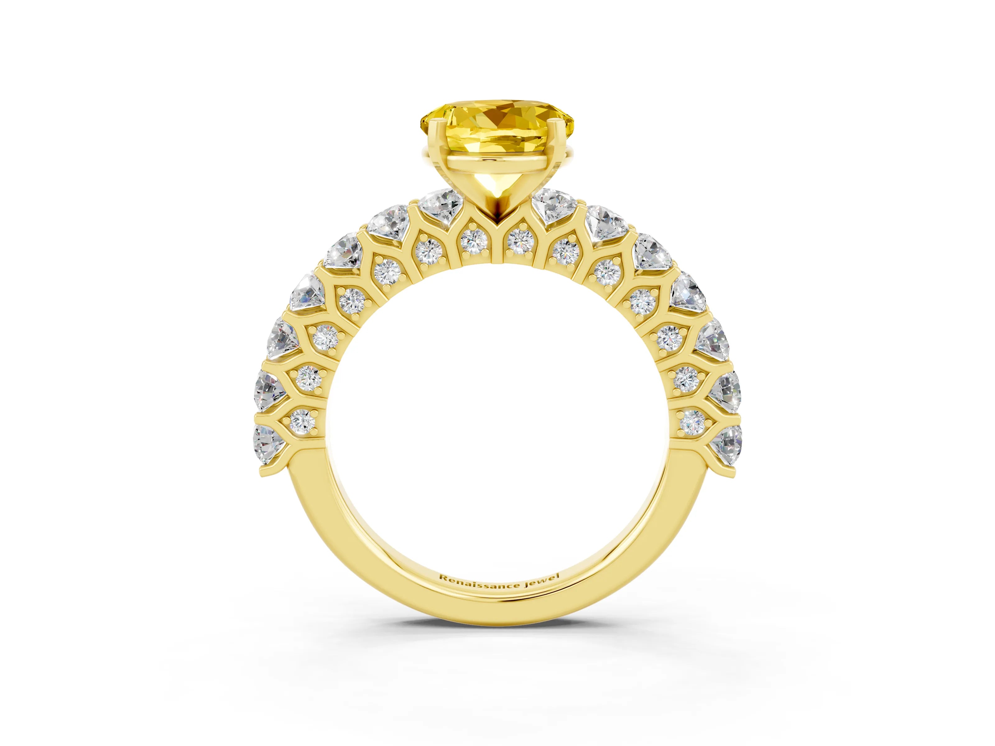 Yellow gold Round Cut Yellow Sapphire Solitaire Ring with Shared Prong Pavé Band and Four-Prong Setting_3