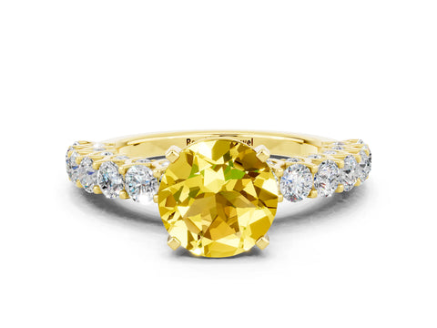Yellow gold Round Cut Yellow Sapphire Solitaire Ring with Shared Prong Pavé Band and Four-Prong Setting