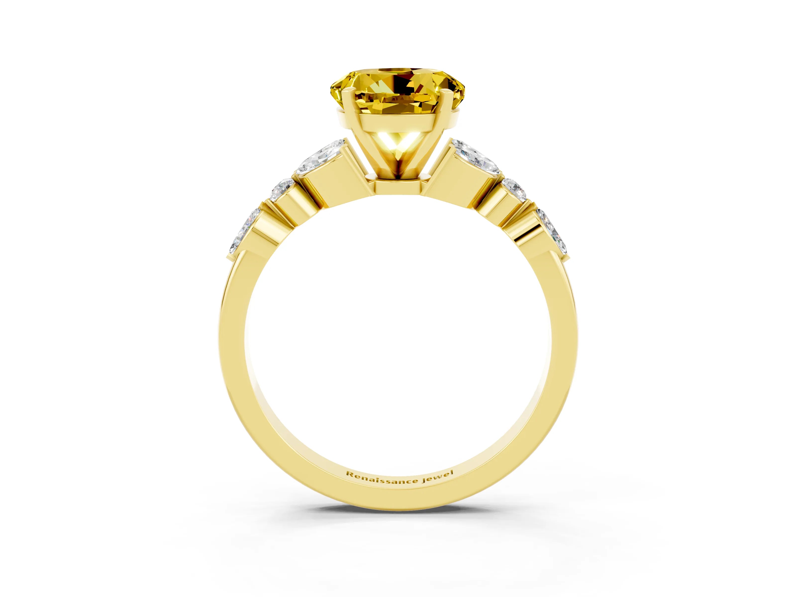 Yellow gold Round Cut Yellow Sapphire Solitaire Ring with Side Stones and Four-Prong Setting_15