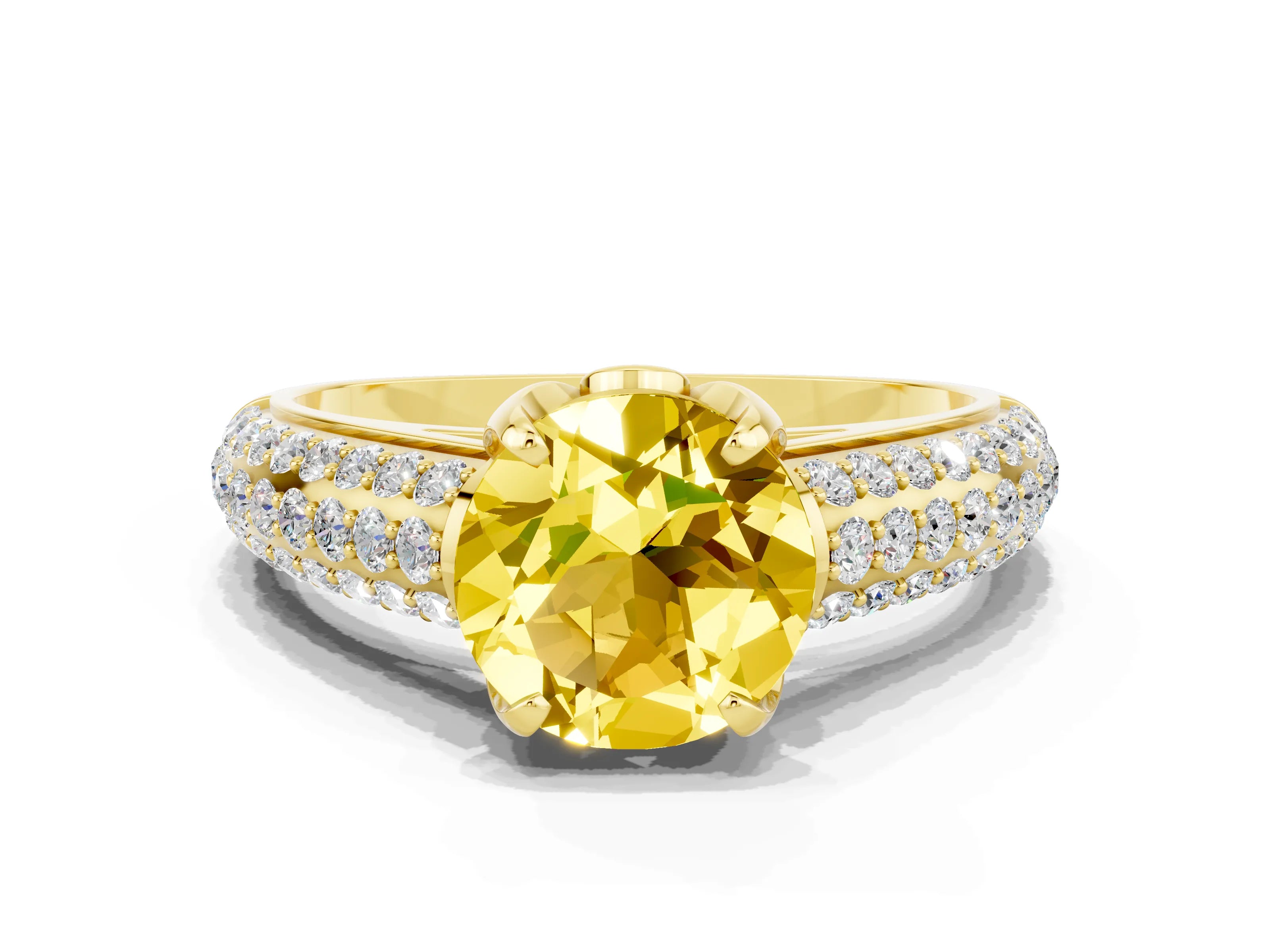 Yellow gold Round Cut Yellow Sapphire Solitaire Ring with Three-Row Pavé Band and Four-Prong Setting_12