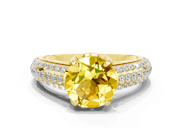 Yellow gold Round Cut Yellow Sapphire Solitaire Ring with Three-Row Pavé Band and Four-Prong Setting
