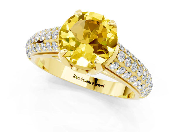 Yellow gold Round Cut Yellow Sapphire Solitaire Ring with Three-Row Pavé Band and Four-Prong Setting