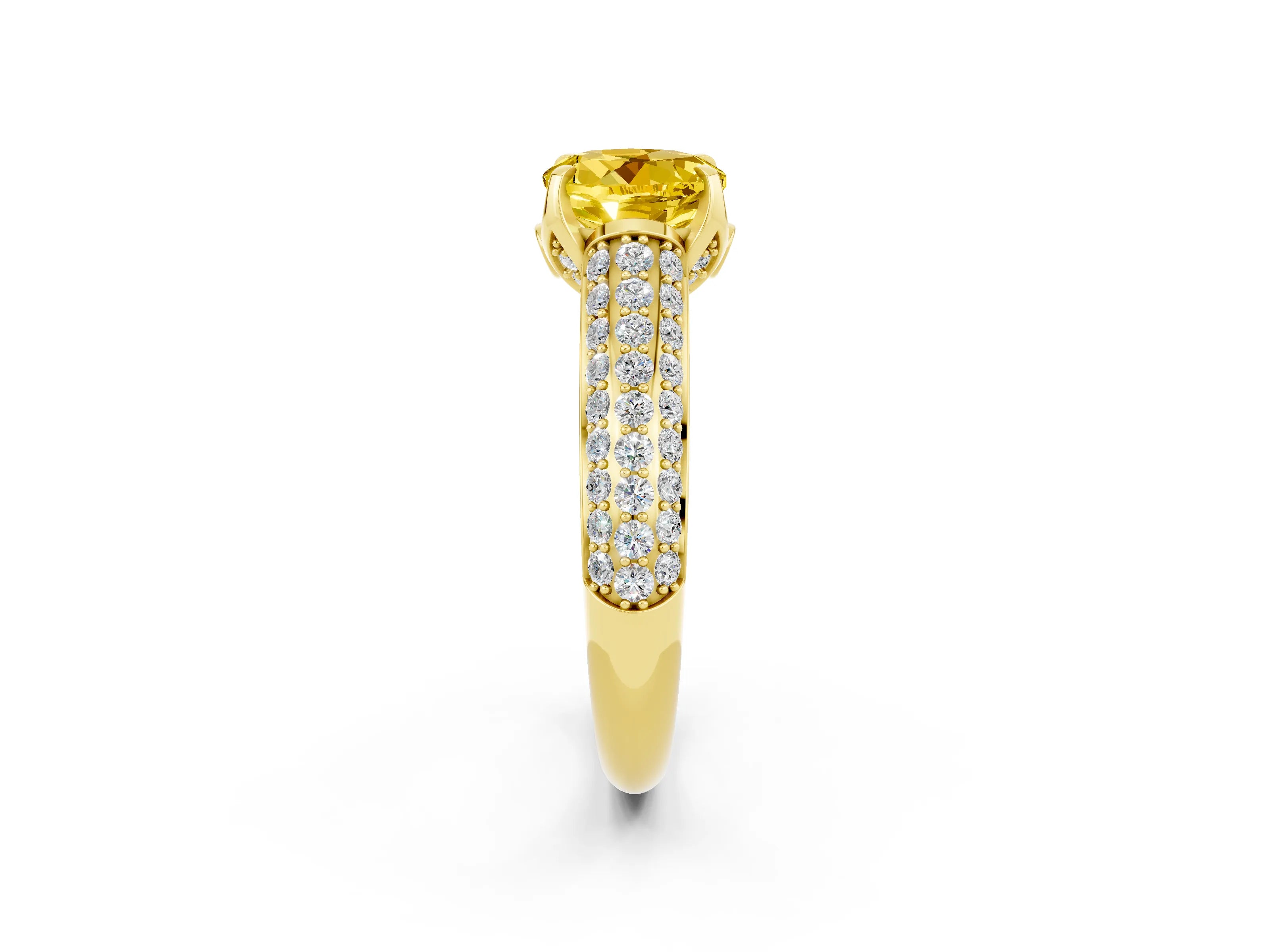 Yellow gold Round Cut Yellow Sapphire Solitaire Ring with Three-Row Pavé Band and Four-Prong Setting_14