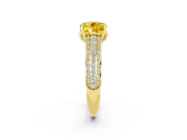 Yellow gold Round Cut Yellow Sapphire Solitaire Ring with Three-Row Pavé Band and Four-Prong Setting