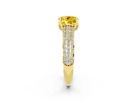 Yellow gold Round Cut Yellow Sapphire Solitaire Ring with Three-Row Pavé Band and Four-Prong Setting_14
