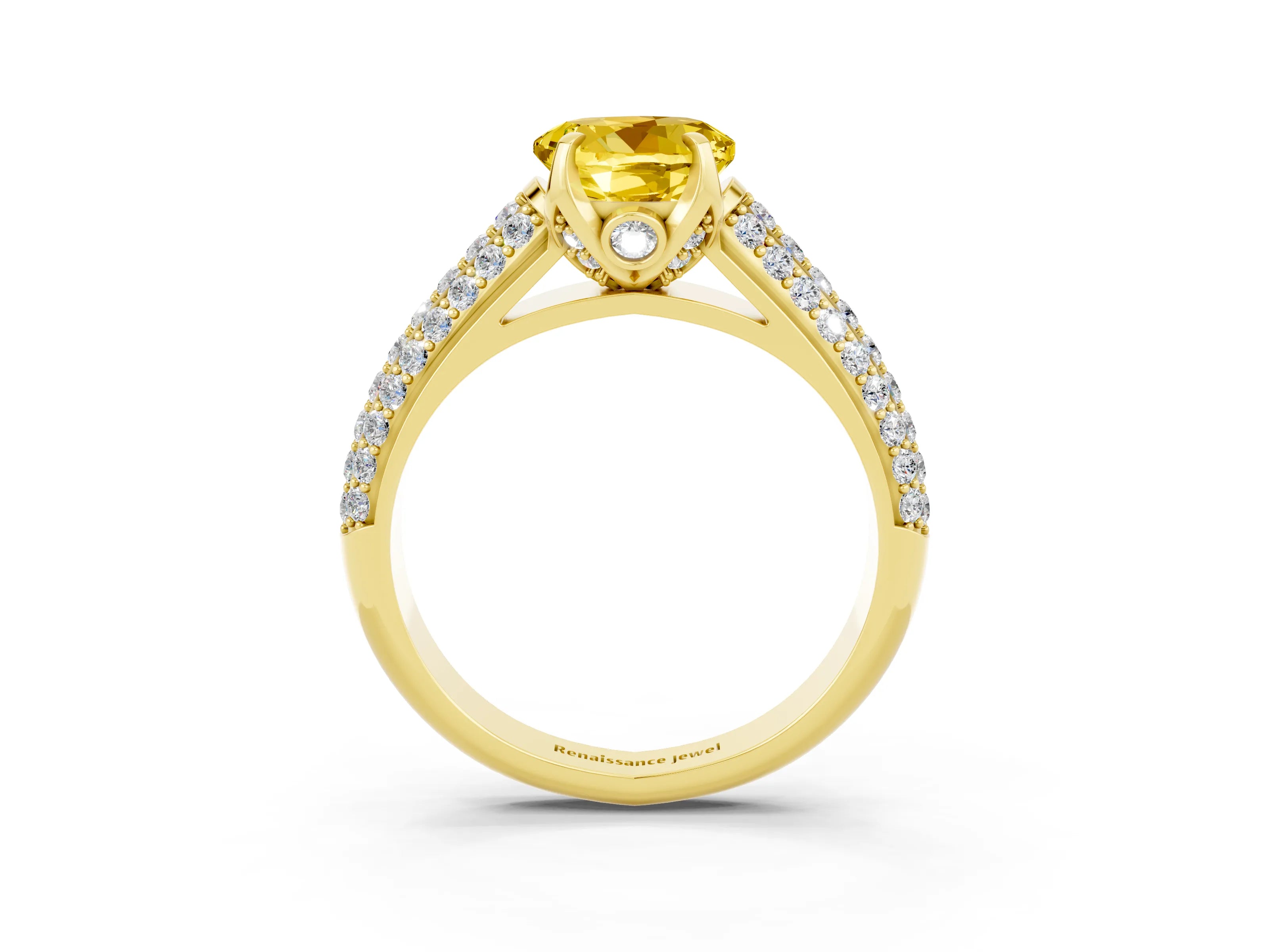 Yellow gold Round Cut Yellow Sapphire Solitaire Ring with Three-Row Pavé Band and Four-Prong Setting_15