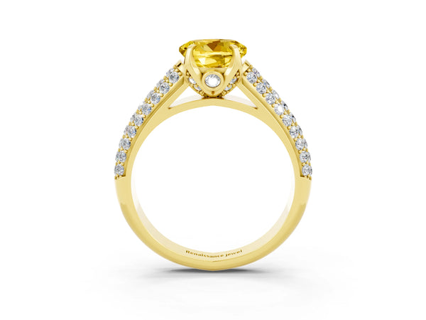 Yellow gold Round Cut Yellow Sapphire Solitaire Ring with Three-Row Pavé Band and Four-Prong Setting