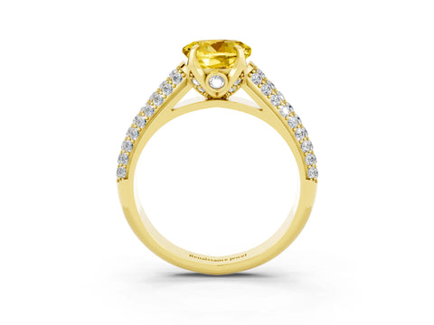 Yellow gold Round Cut Yellow Sapphire Solitaire Ring with Three-Row Pavé Band and Four-Prong Setting_15
