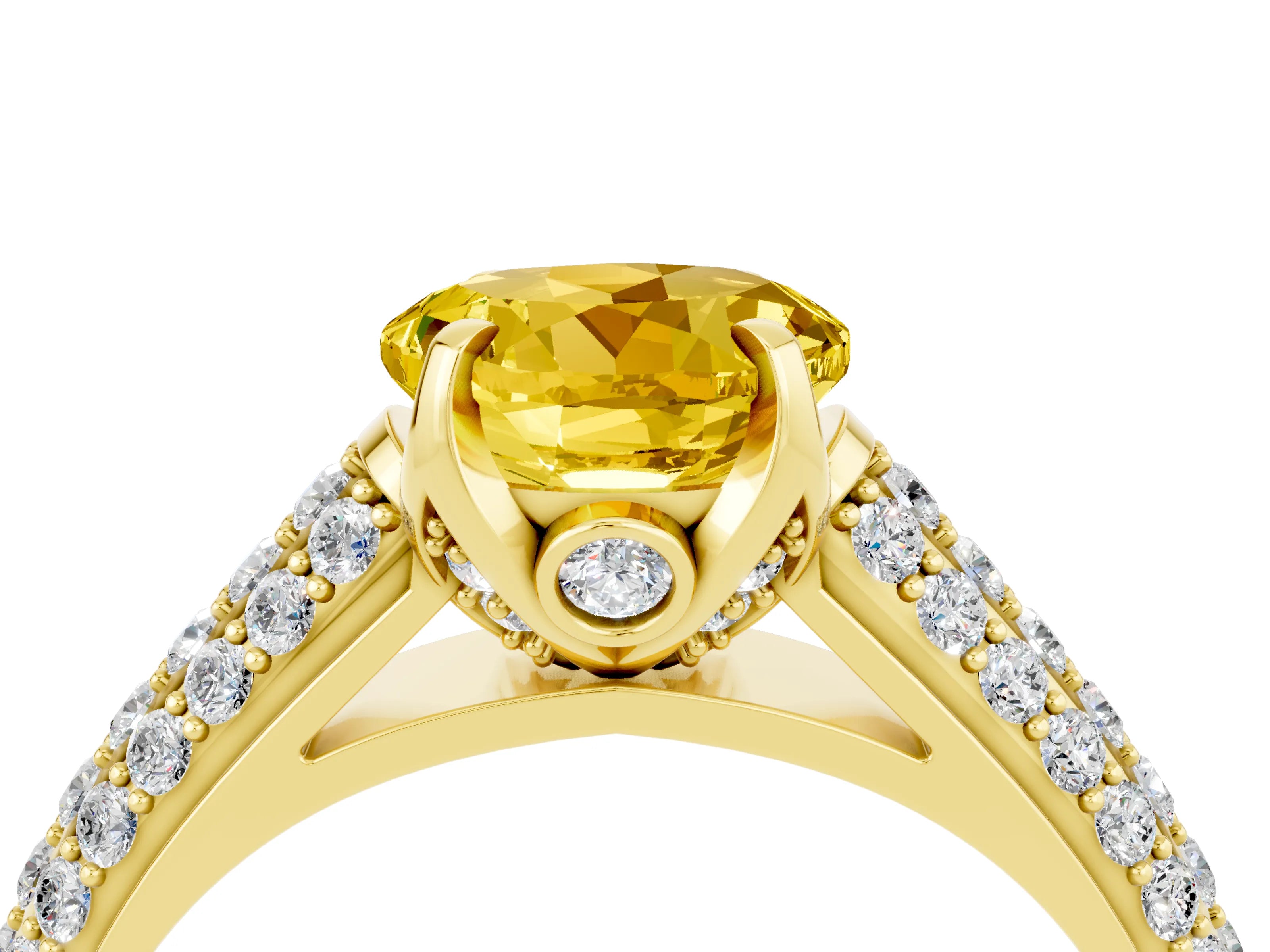 Yellow gold Round Cut Yellow Sapphire Solitaire Ring with Three-Row Pavé Band and Four-Prong Setting_16