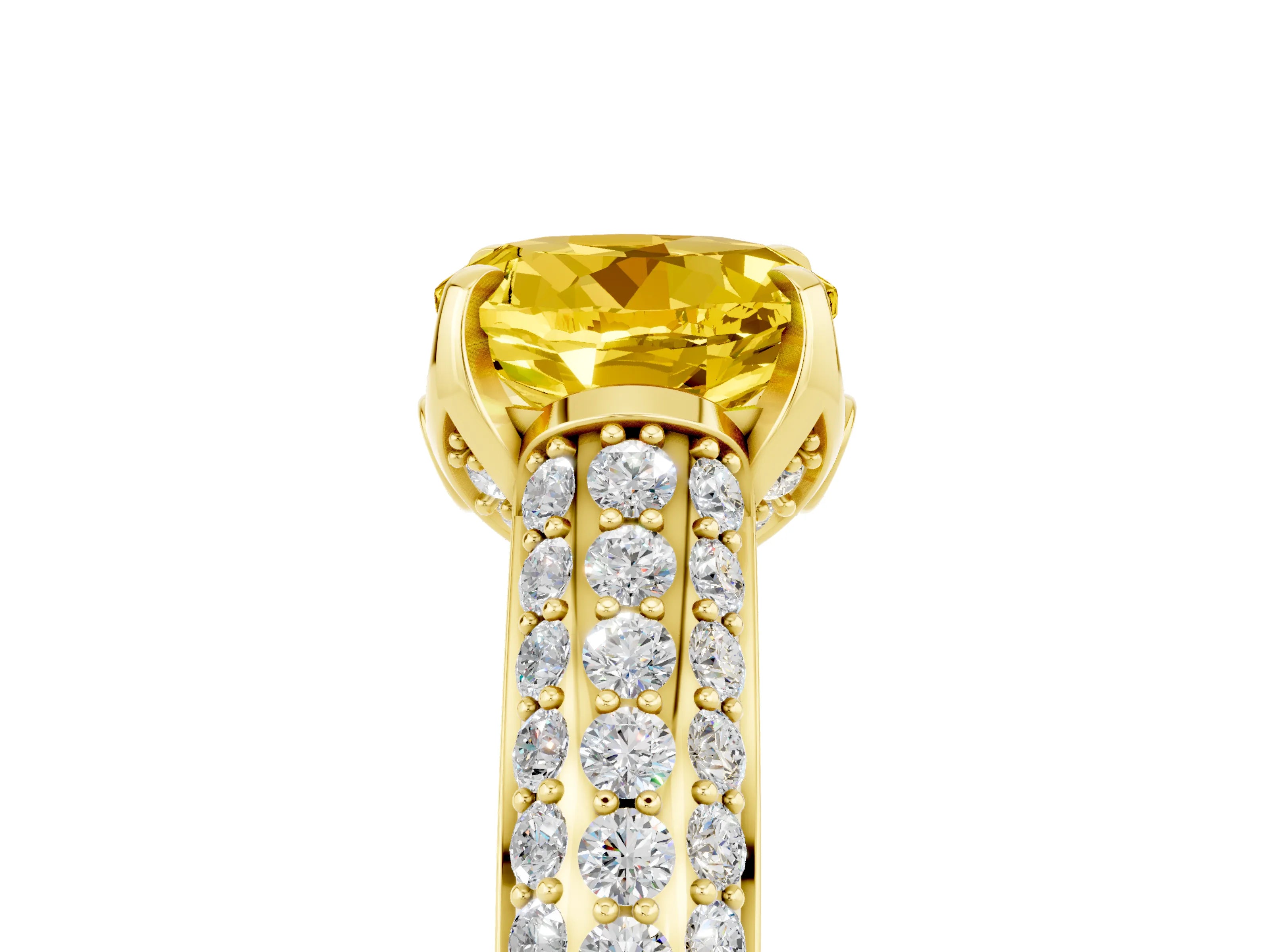 Yellow gold Round Cut Yellow Sapphire Solitaire Ring with Three-Row Pavé Band and Four-Prong Setting_17