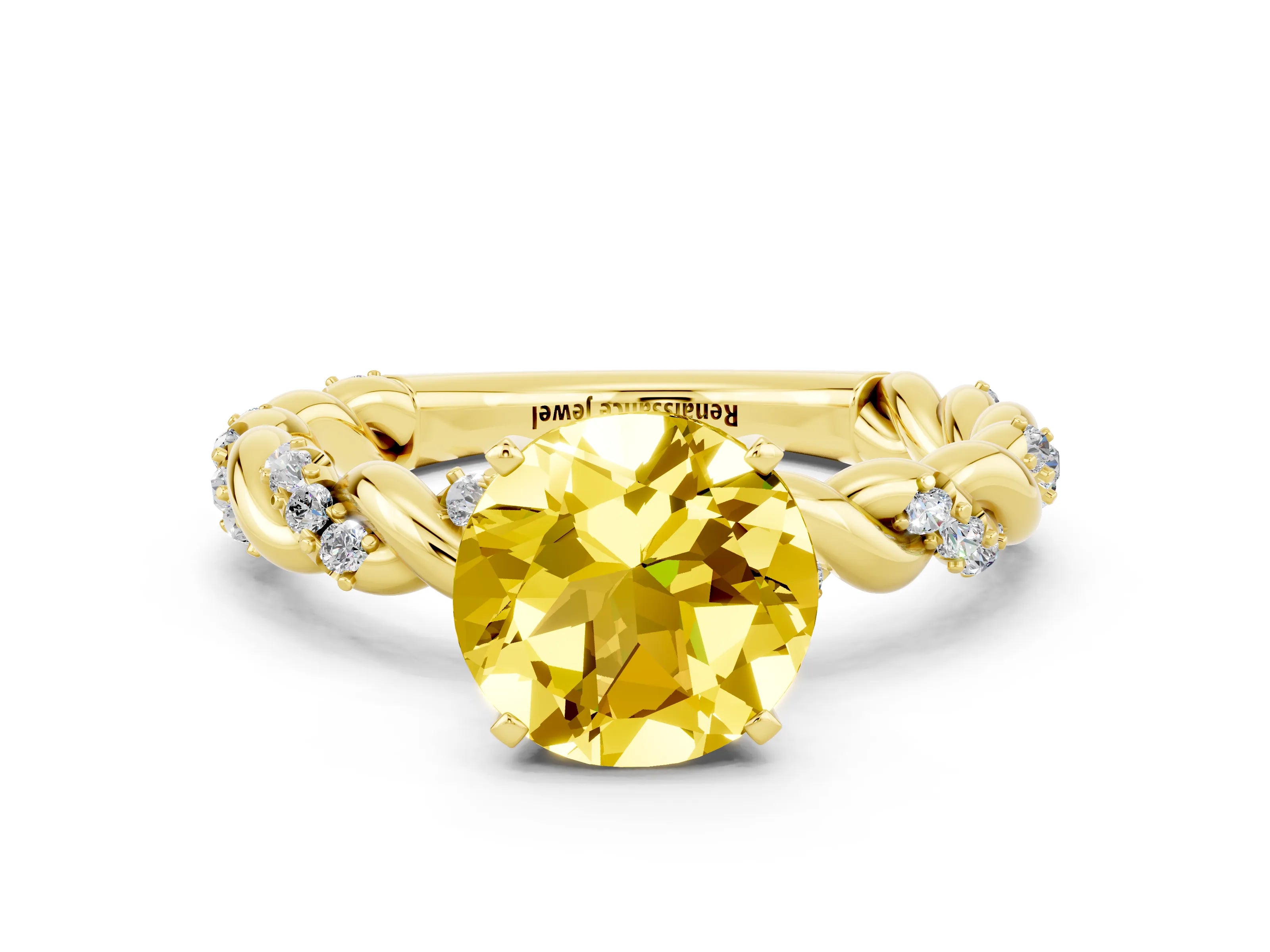 Yellow gold Round Cut Yellow Sapphire Solitaire Ring with Twisted Band and Pavé Accents