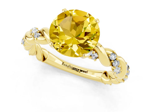 Yellow gold Round Cut Yellow Sapphire Solitaire Ring with Twisted Band and Pavé Accents_1