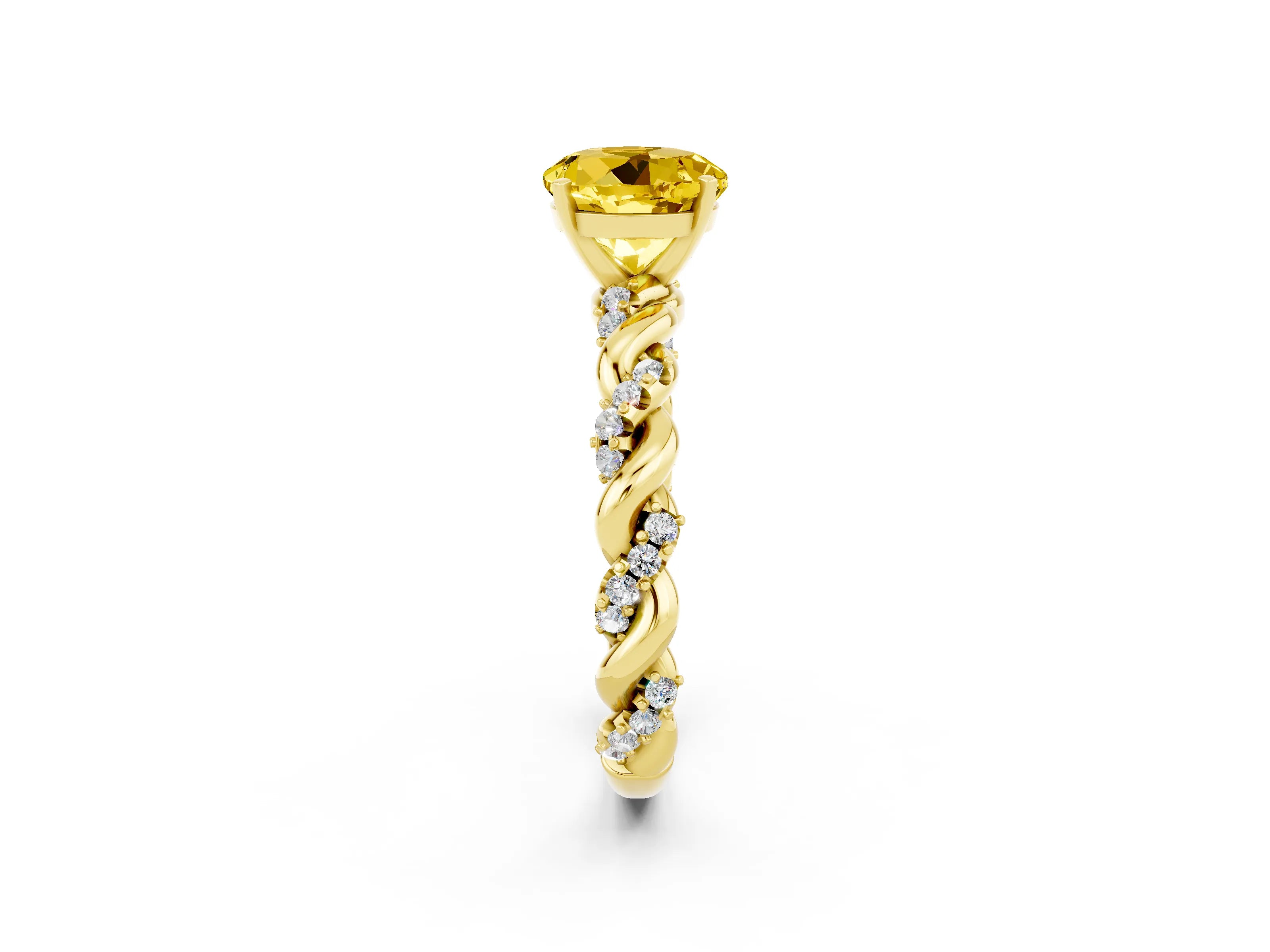 Yellow gold Round Cut Yellow Sapphire Solitaire Ring with Twisted Band and Pavé Accents_2