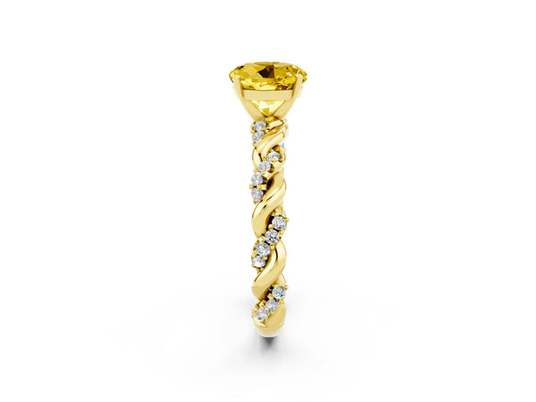 Yellow gold Round Cut Yellow Sapphire Solitaire Ring with Twisted Band and Pavé Accents