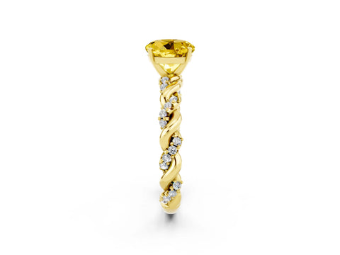 Yellow gold Round Cut Yellow Sapphire Solitaire Ring with Twisted Band and Pavé Accents_2